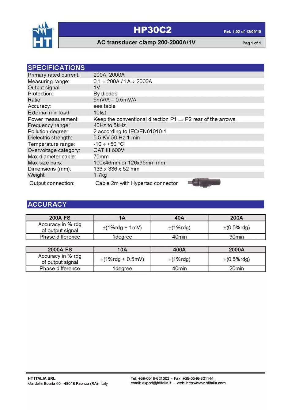 HT Instruments HP30C2 Standard Clamps for AC Current 2000A ±0.5% Accuracy