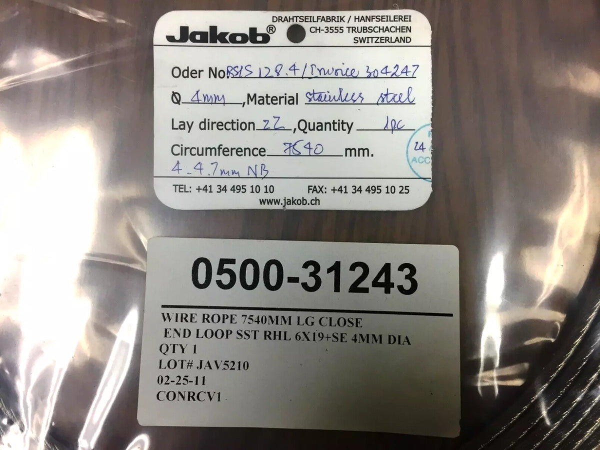 Jakob 20113-0480 Stainless Steel Wire Sling, 4mm Dia x 7540mm L