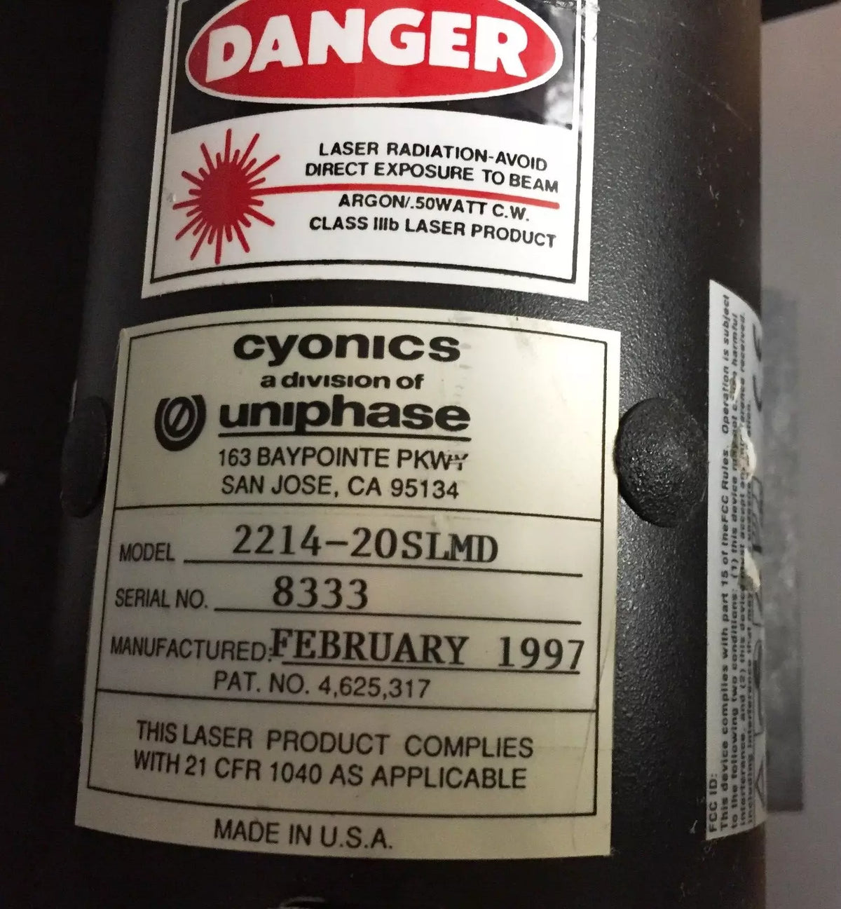 JDS Uniphase 2214-20SLMD Argon Laser Head with JDSU 2114P-12SLAB Laser Power Supply