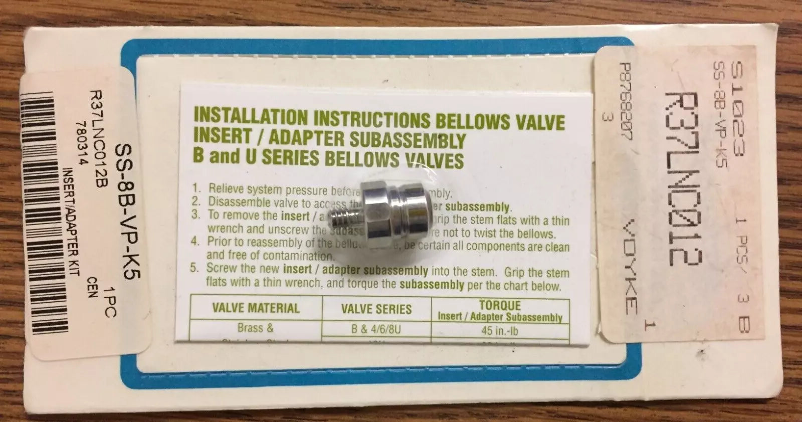 Swagelok SS-8BK-K5 Valve Repair Kit for Swagelok Valves