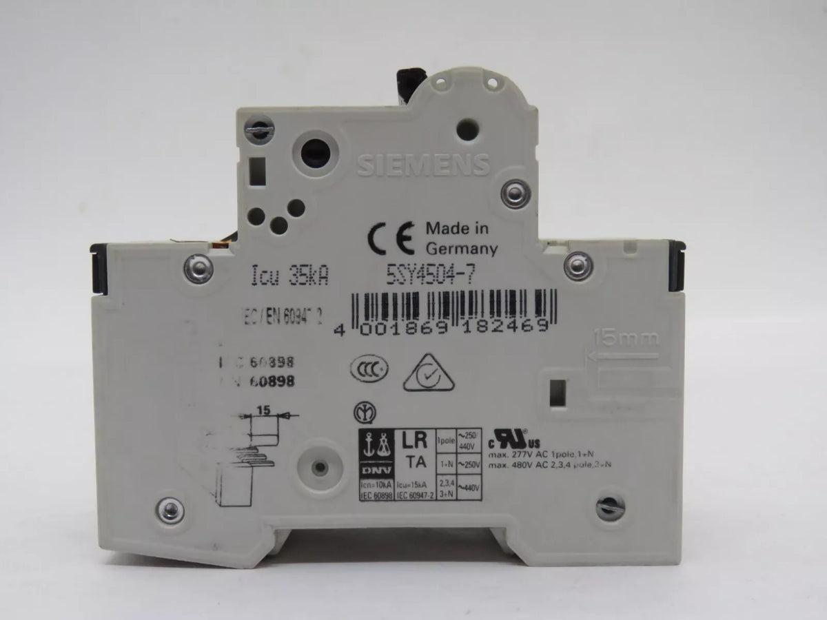 SIEMENS 5SY4504-7 Circuit Breaker Miniature 1+N Pole 4 Amp 230VAC 10kA