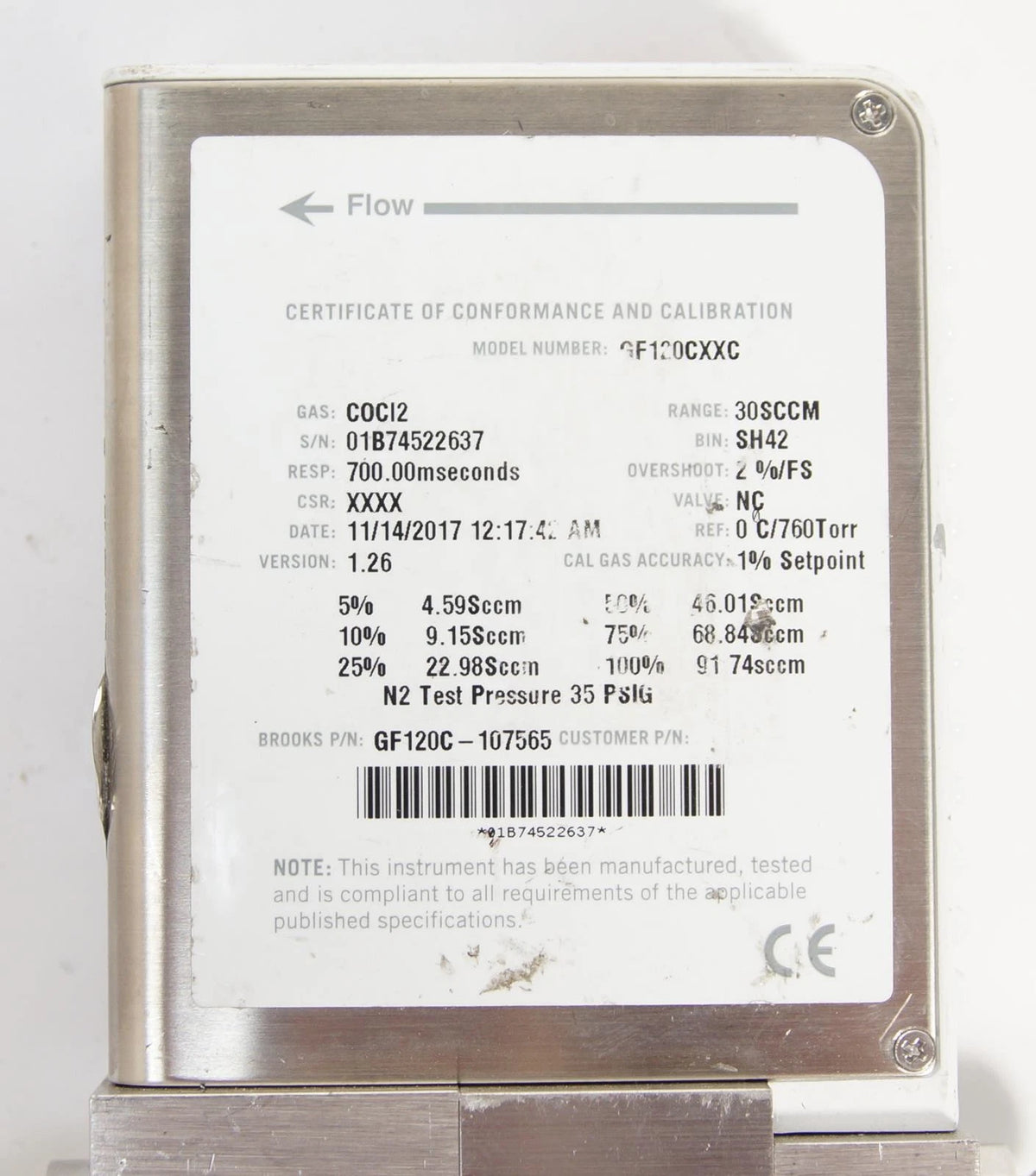 Brooks Instrument GF120CXXC N2 Gas GF Series Thermal Mass Flow Controller
