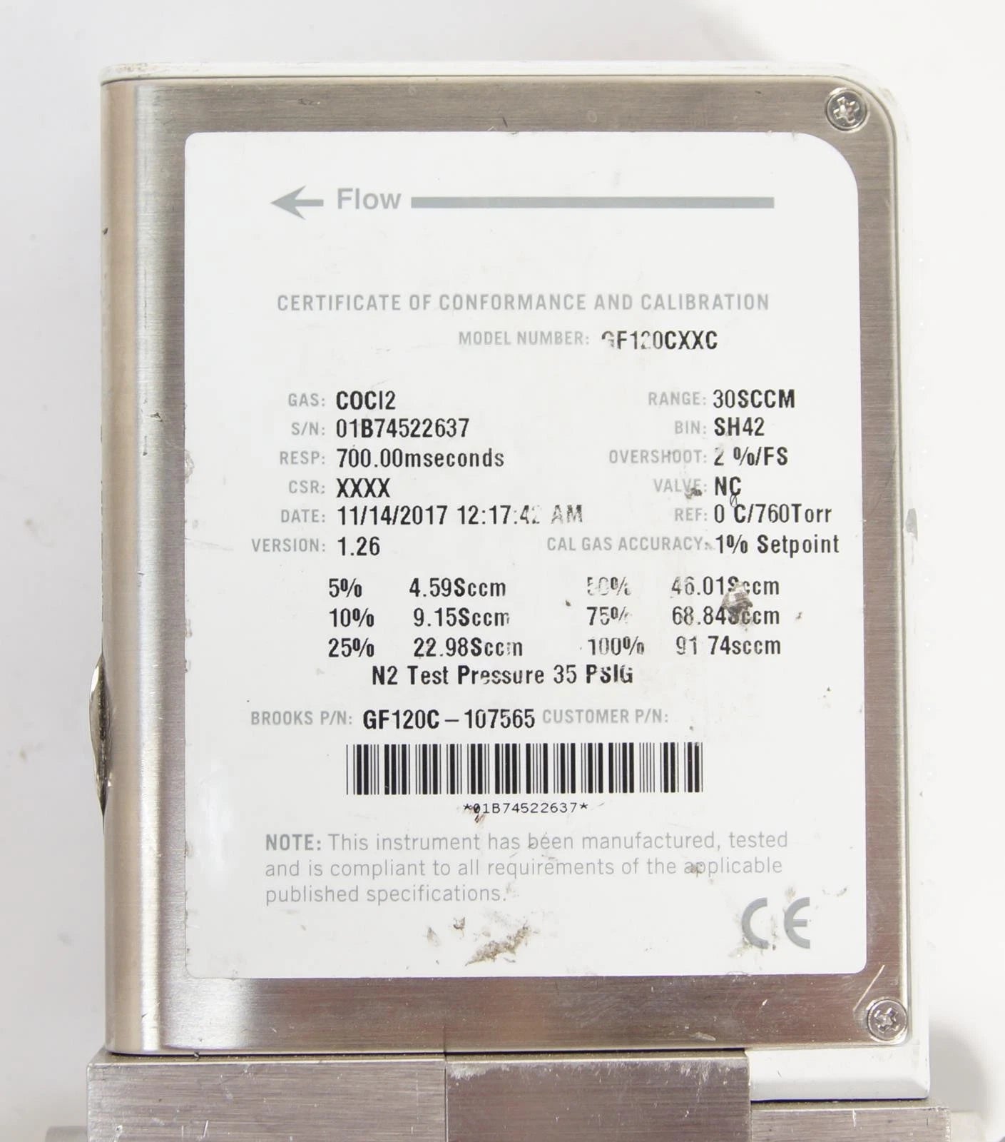 Brooks Instrument GF120CXXC N2 Gas GF Series Thermal Mass Flow Controller