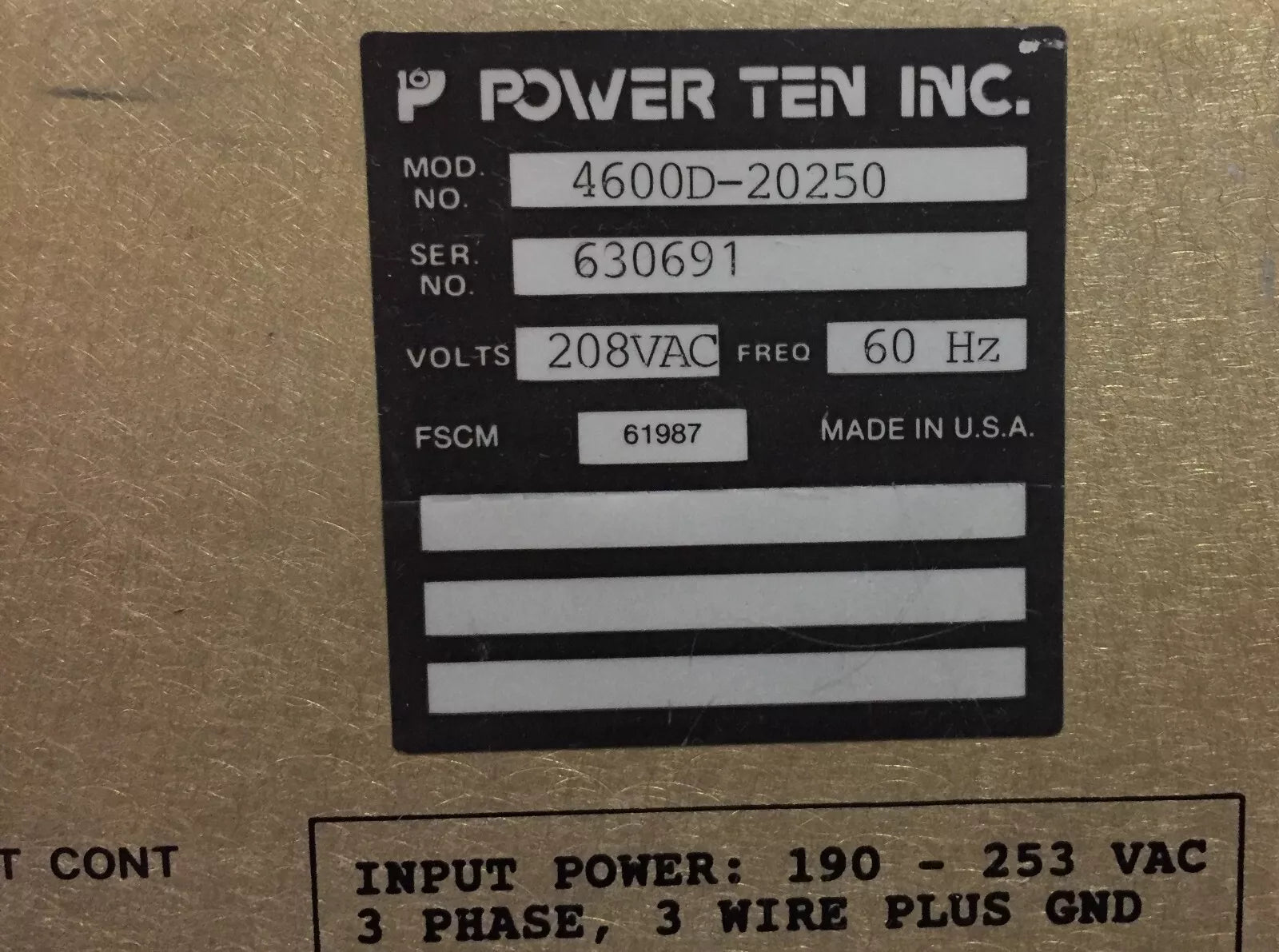 Power Ten 4600D-20250 Heavy Duty DC Power Supply 0-20 Volts DC 0-250 Amps