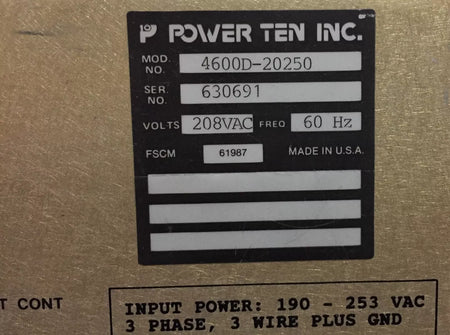 Power Ten 4600D-20250 Heavy Duty DC Power Supply 0-20 Volts DC 0-250 Amps