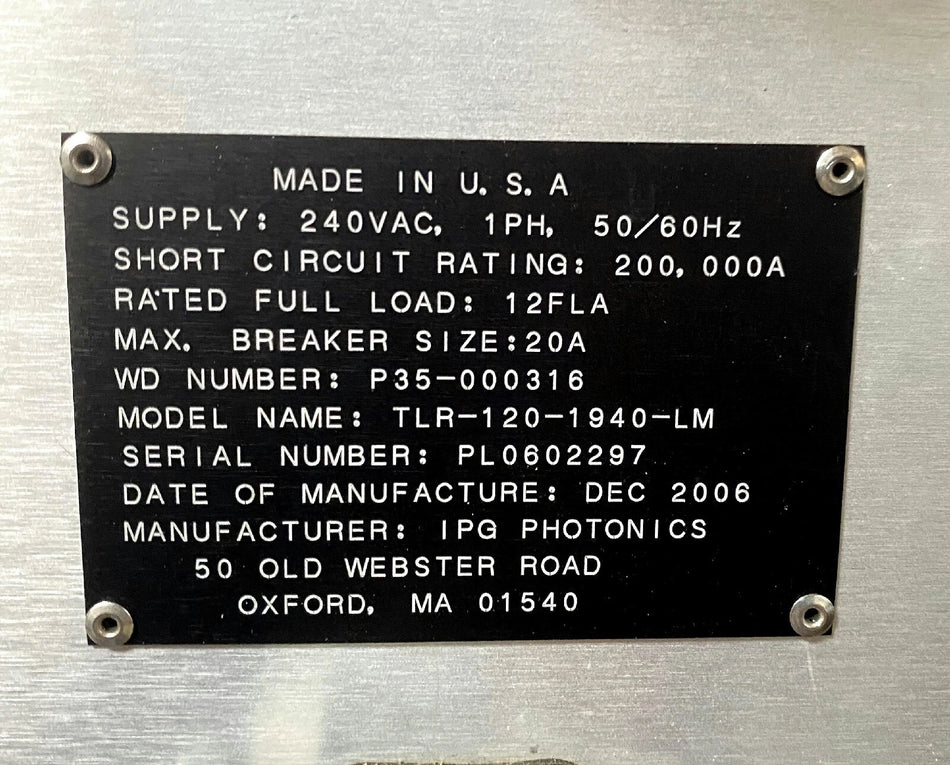 IPG Photonics TLR-120-1940-LM Thulium CW Fiber Laser AS-IS