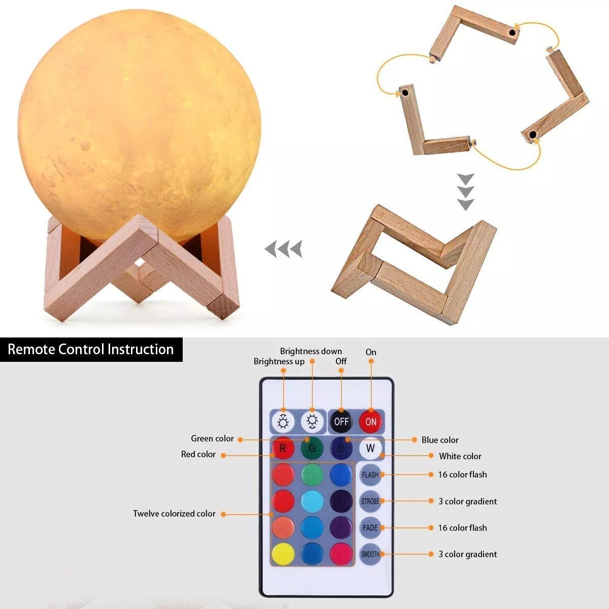 3D Printed Moon Lamp with Rechargeable Touch Control & Wooden Stand