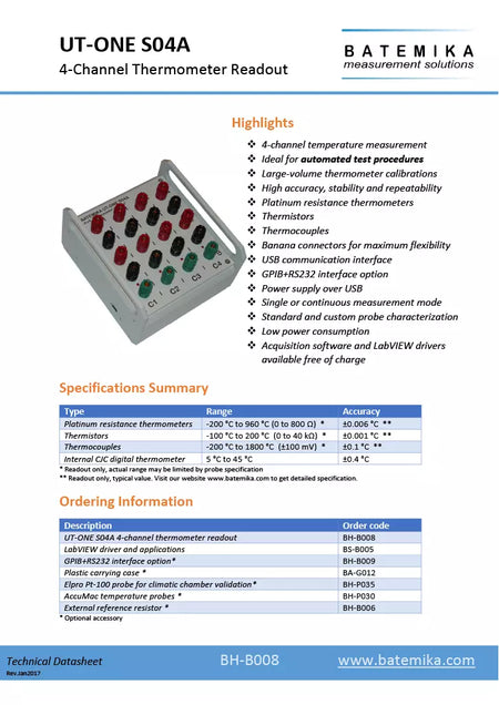 Batemika UT-ONE S04A 4-Channel Thermometer Readout PRT Thermocouples Thermistors - XG eqpt