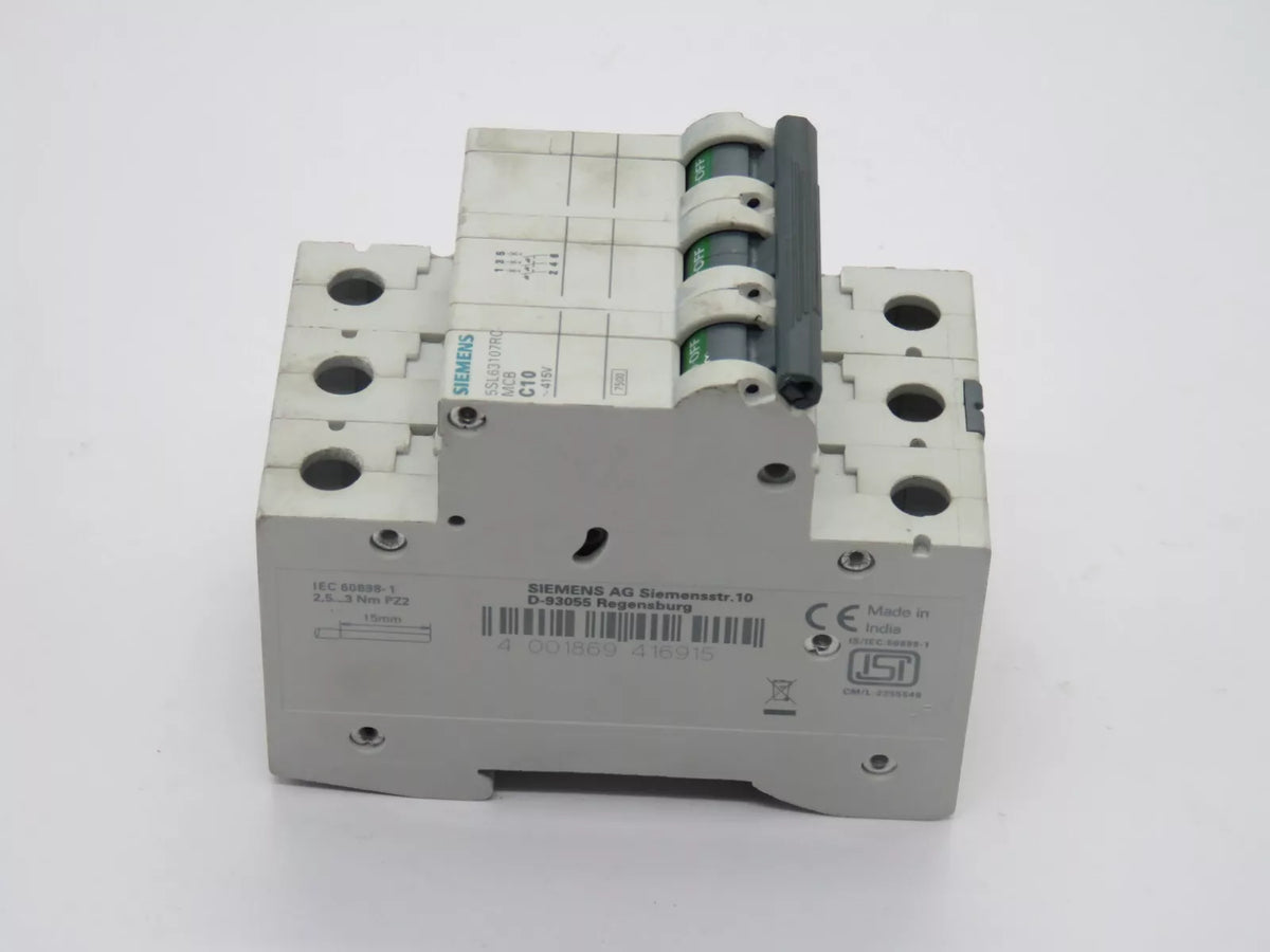 SIEMENS 5SL63107RC MCB Circuit Breaker 3A 3 Pole 7.5 kA, C-Curve