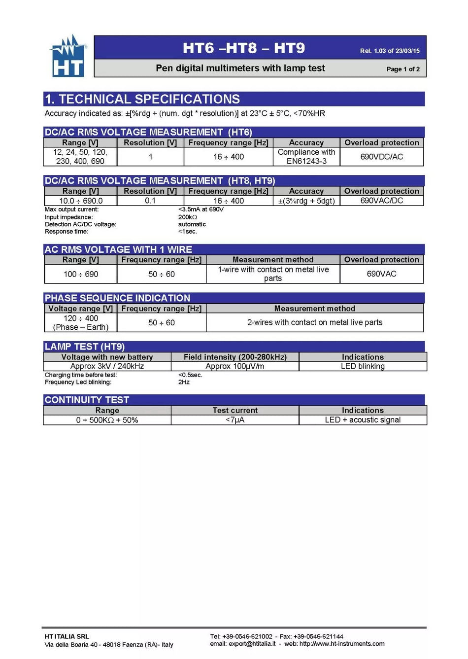 HT Instruments HT8 2-Pole Multifunction Tester with LED and LCD Indicators