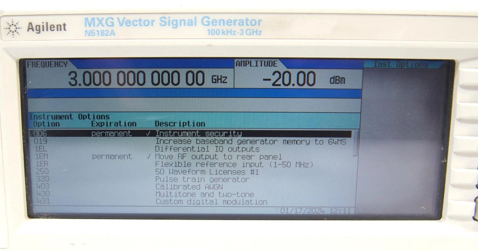 Agilent N5182A 3GHz MXG RF Vector Signal Generator OPT 006 1EM 503 651 UNT