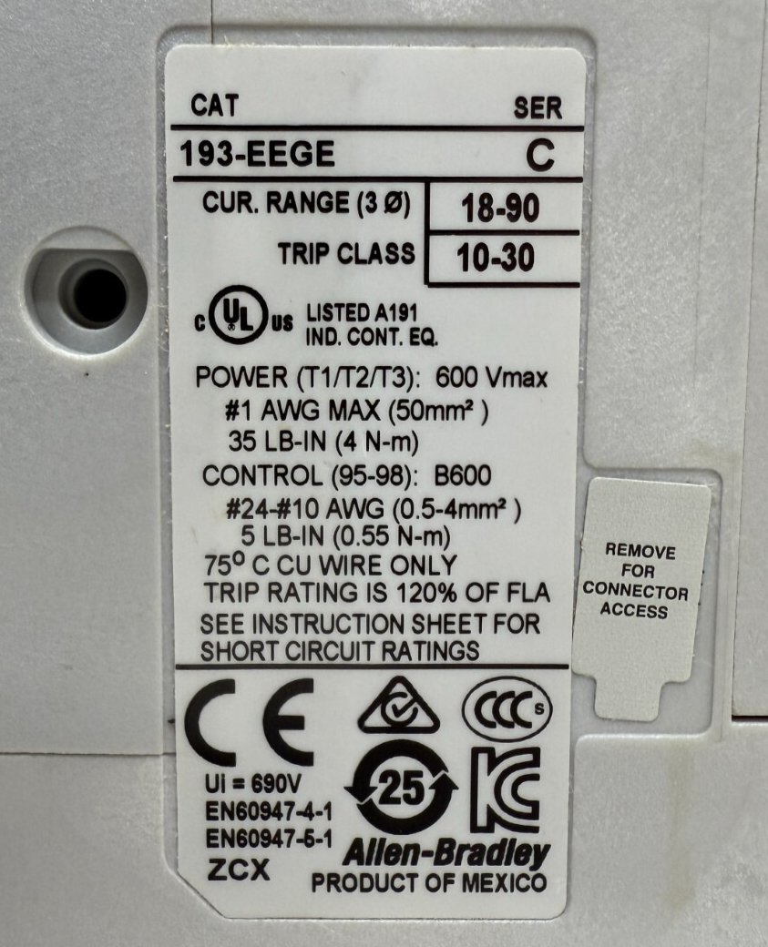 193-EEGE 18-90Amp 3P 600V Trip Class 10-30 E1 Plus Overload Relay by Allen-Bradley