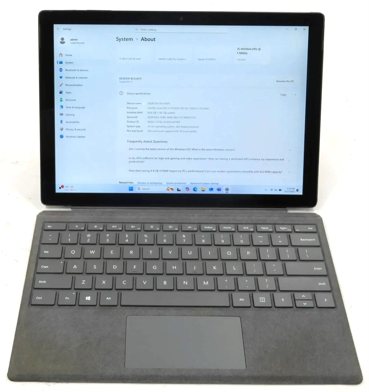Microsoft Surface Pro 7 1866 Core i5-1035G4 1.10GHz 8GB 256GB Win 11 Home