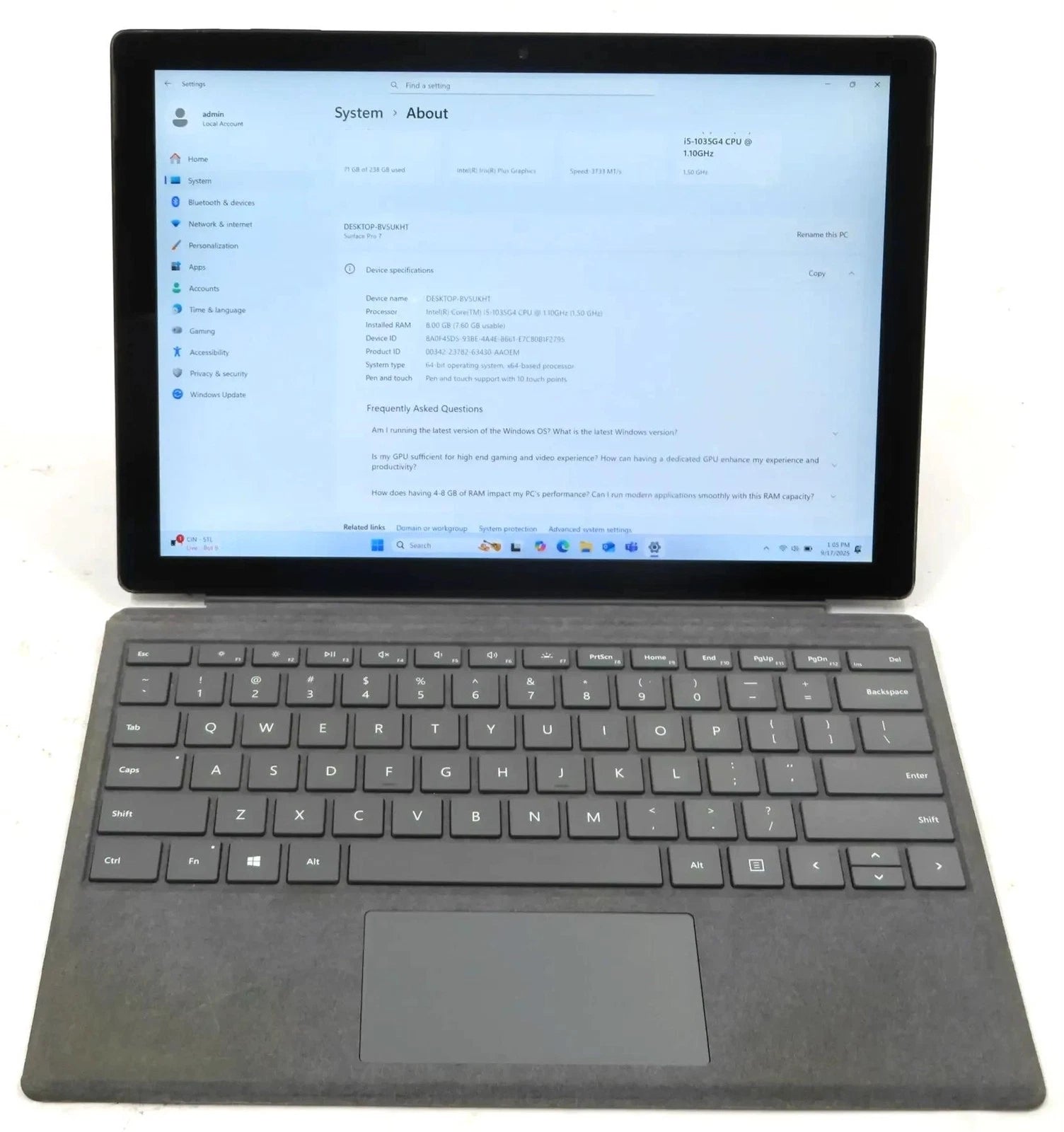 Microsoft Surface Pro 7 1866 Core i5-1035G4 1.10GHz 8GB 256GB Win 11 Home