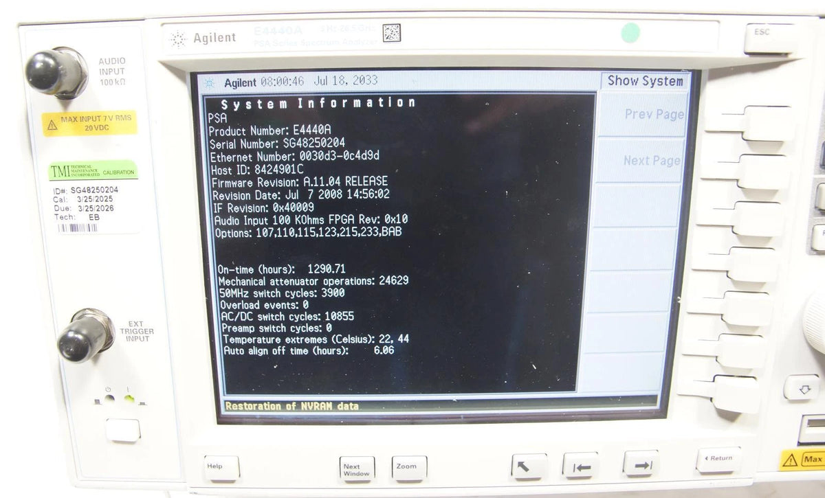 AGILENT E4440A PSA 26.5GHz Spectrum Analyzer CALIBRATED OPT 123 110 115 233 215