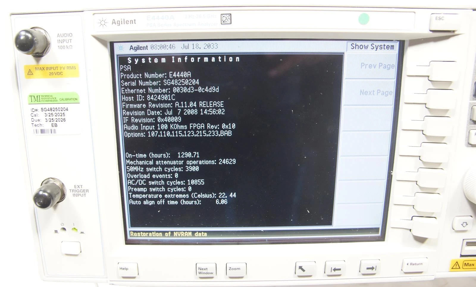 AGILENT E4440A PSA 26.5GHz Spectrum Analyzer CALIBRATED OPT 123 110 115 233 215