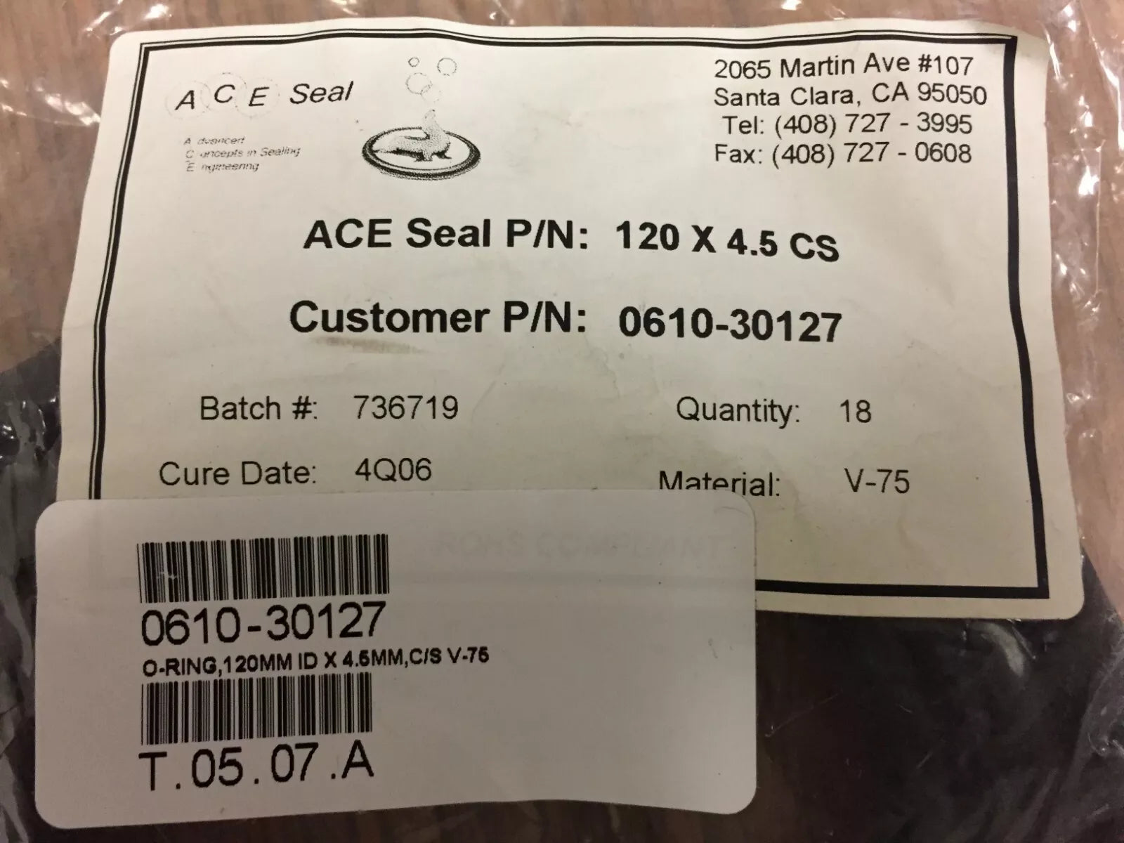 ACE Seal 120mm (4.72”) ID x 4.5mm (0.177”) Dia V-75 O-Ring Black Color