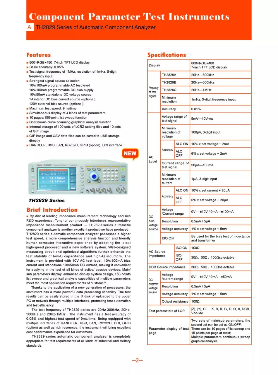 Tonghui TH2829C Automatic Component Analyzer 20Hz—1MHz 0.01% Accuracy