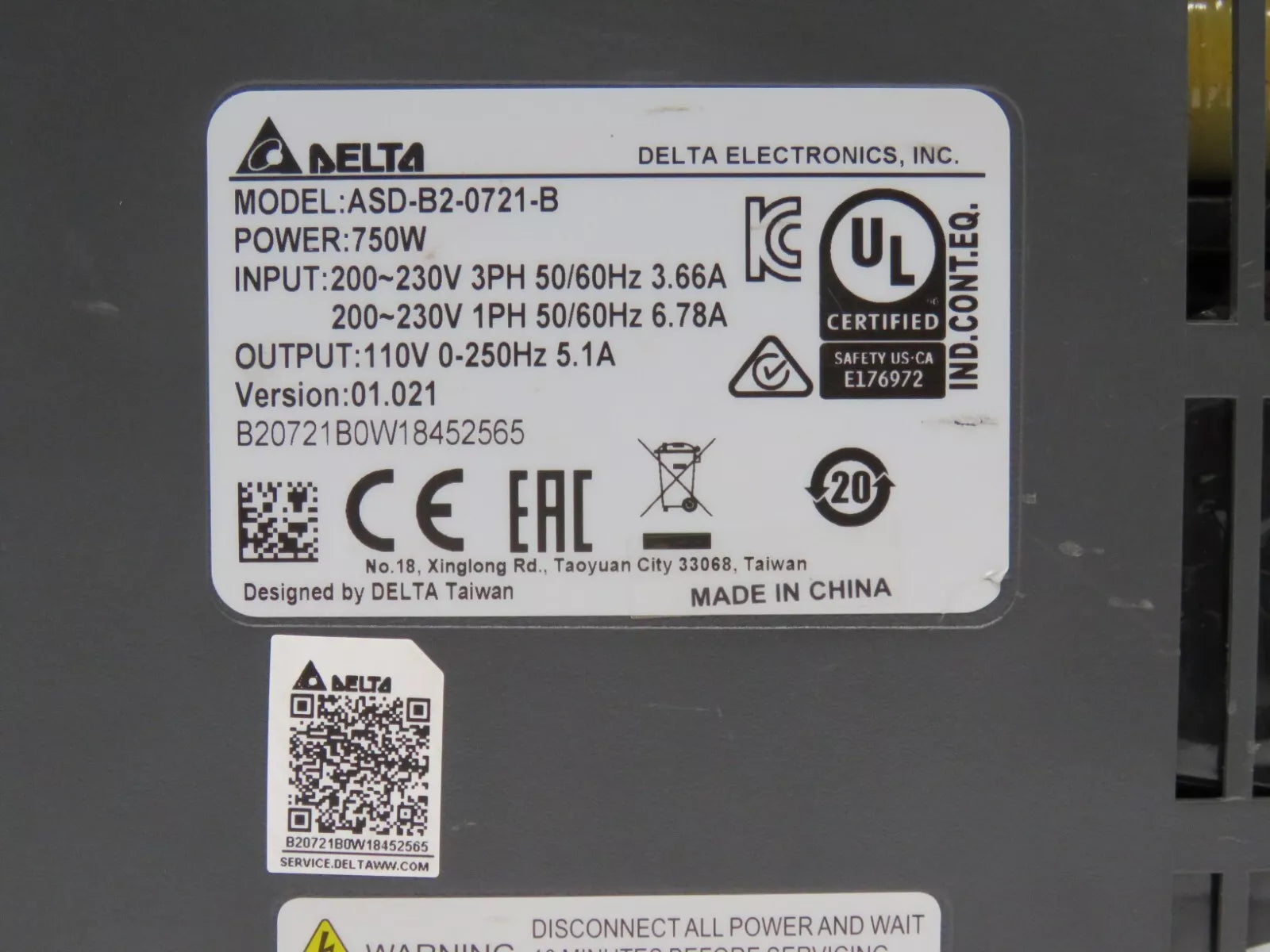 Delta ASDA-B2-0721-B AC Servo Drive 750W 200-230V - Tested Unit