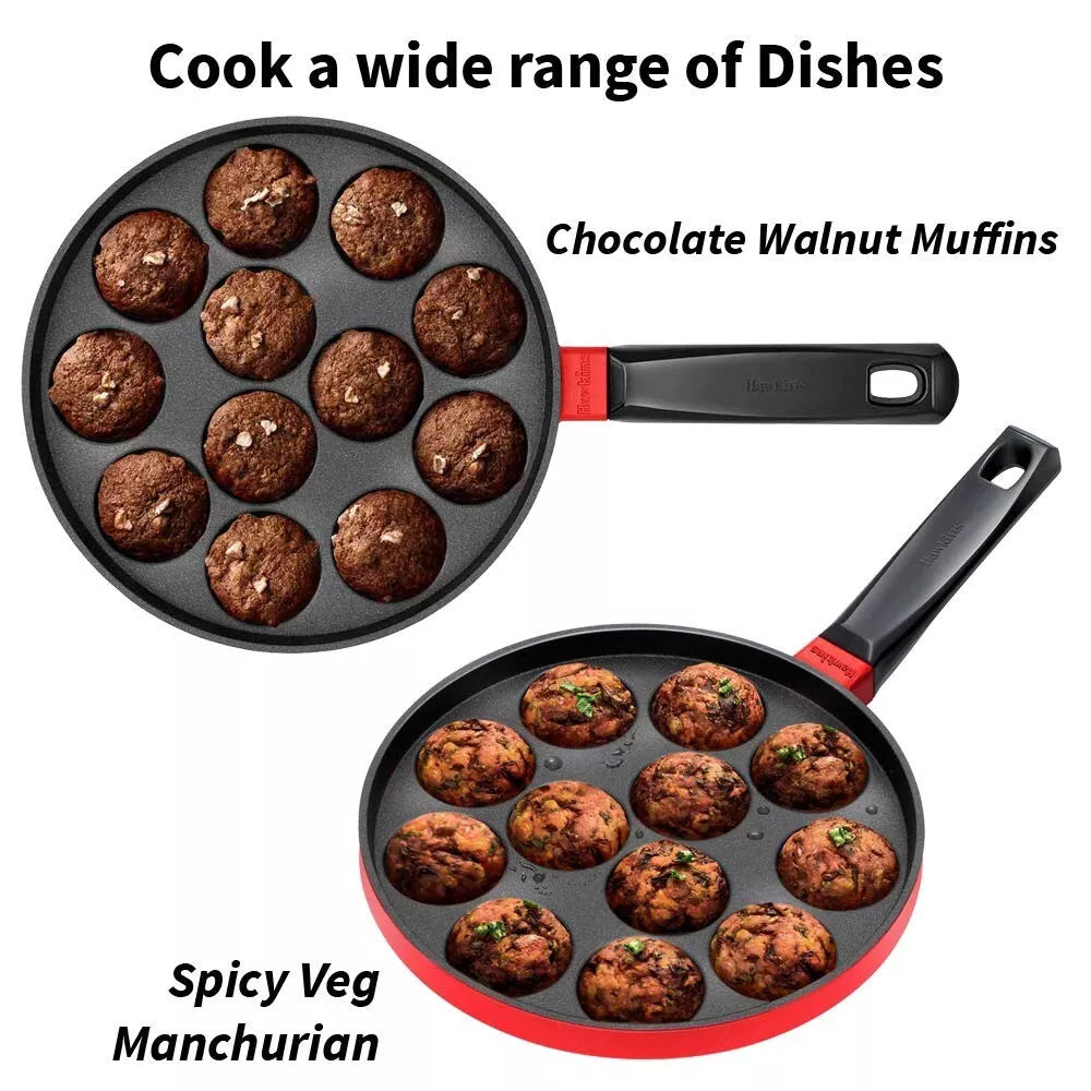 Hawkins Nonstick Appe Pan 12-Cup Cast Aluminium 22cm with Glass Lid Black & Red