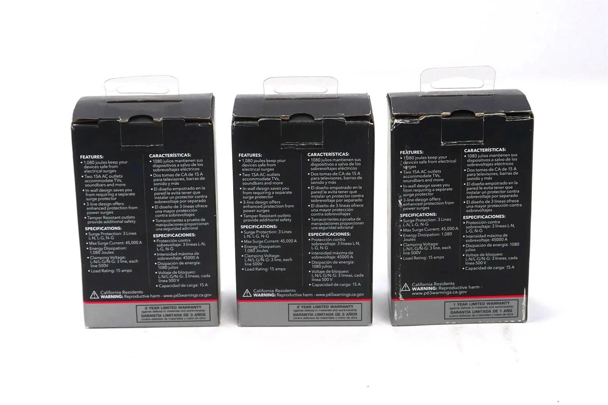Lot Of 3 Rocketfish 2-Outlet In-Wall Surge Protector 1080 Joules - Free Shipping
