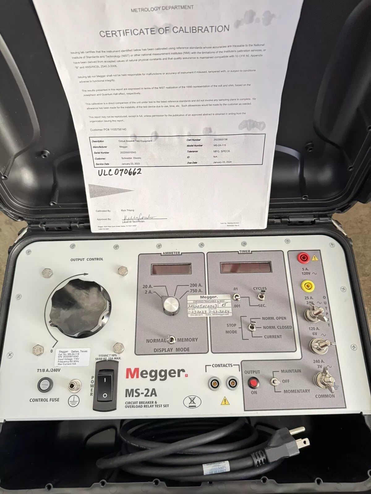 Megger MS-2A Circuit Breaker & Overcurrent Relay Test Set (Calibrated 2023-2024)