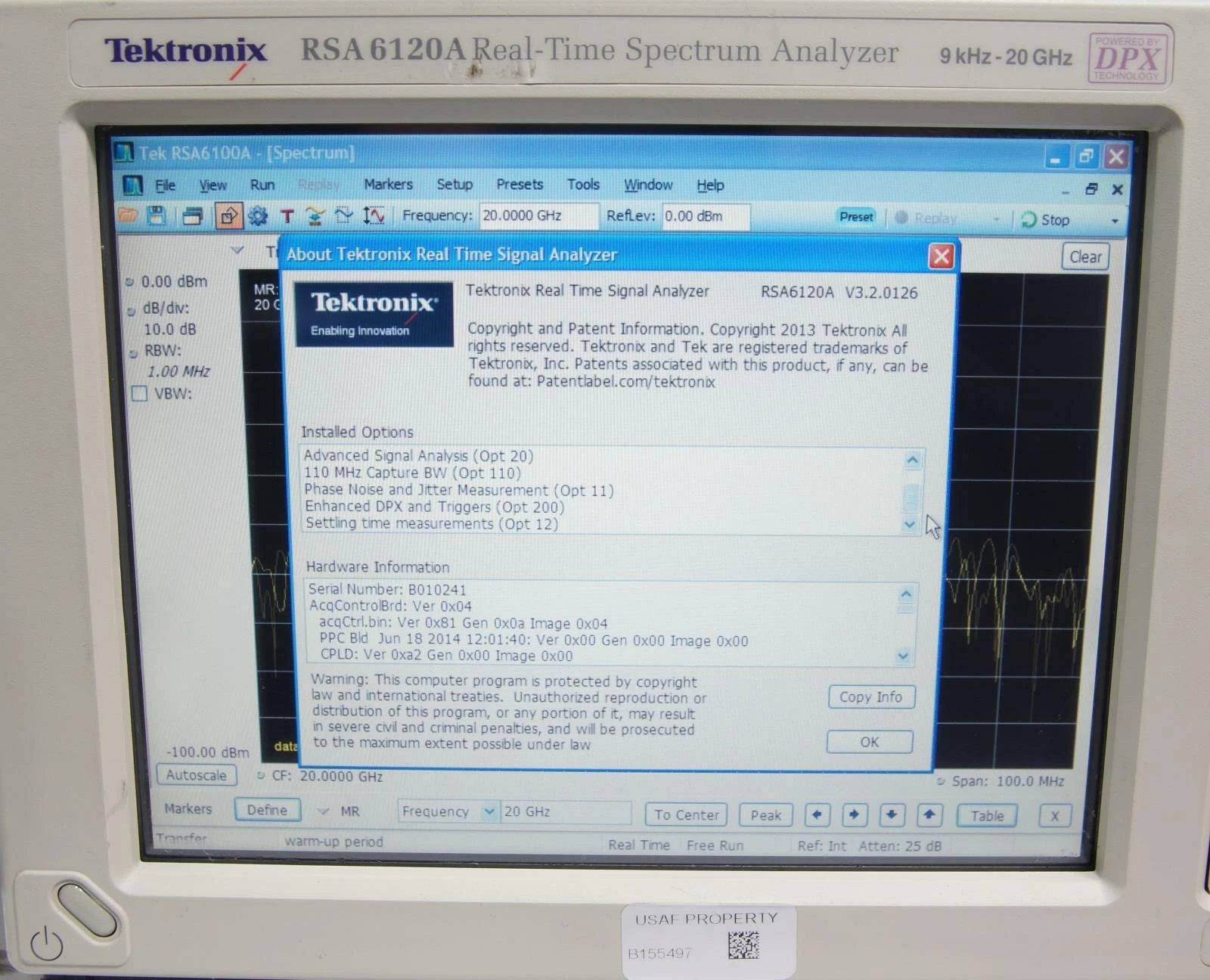 Tektronix RSA6120A Real Time Spectrum Analyzer 9 kHz - 20 GHz with Options