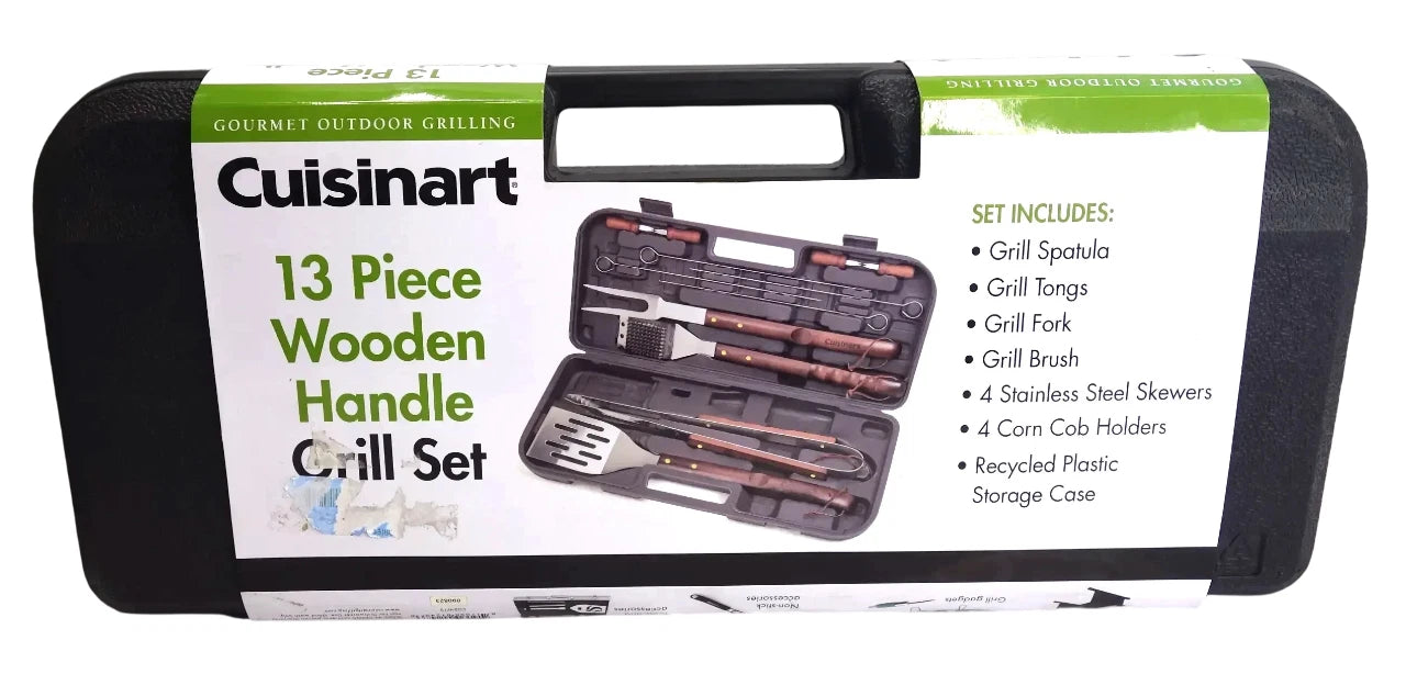 Cuisinart 13 Piece Wooden Handle Grill Utensil Set Tongs Accessories