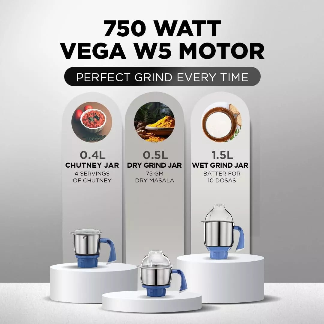 Preethi Blue Leaf Diamond MG-214 Mixer Grinder with 3 Stainless Steel Jars 750W