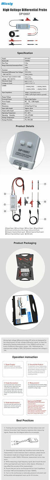 Micsig DP10007 Oscilloscope High Voltage Differential Probe Kit 700V 100MHz