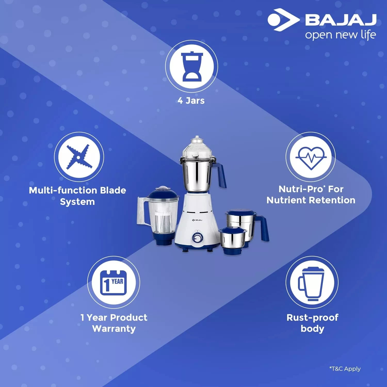 Bajaj Rex Mixer Grinder 750W 4 Jars Heavy Duty Kitchen Mixie Nutri-Pro