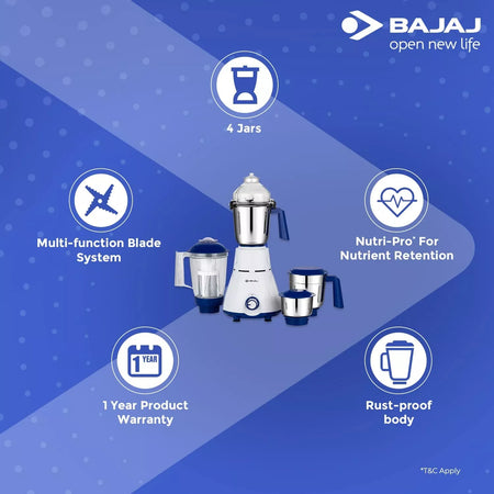 Bajaj Rex Mixer Grinder 750W 4 Jars Heavy Duty Kitchen Mixie Nutri-Pro