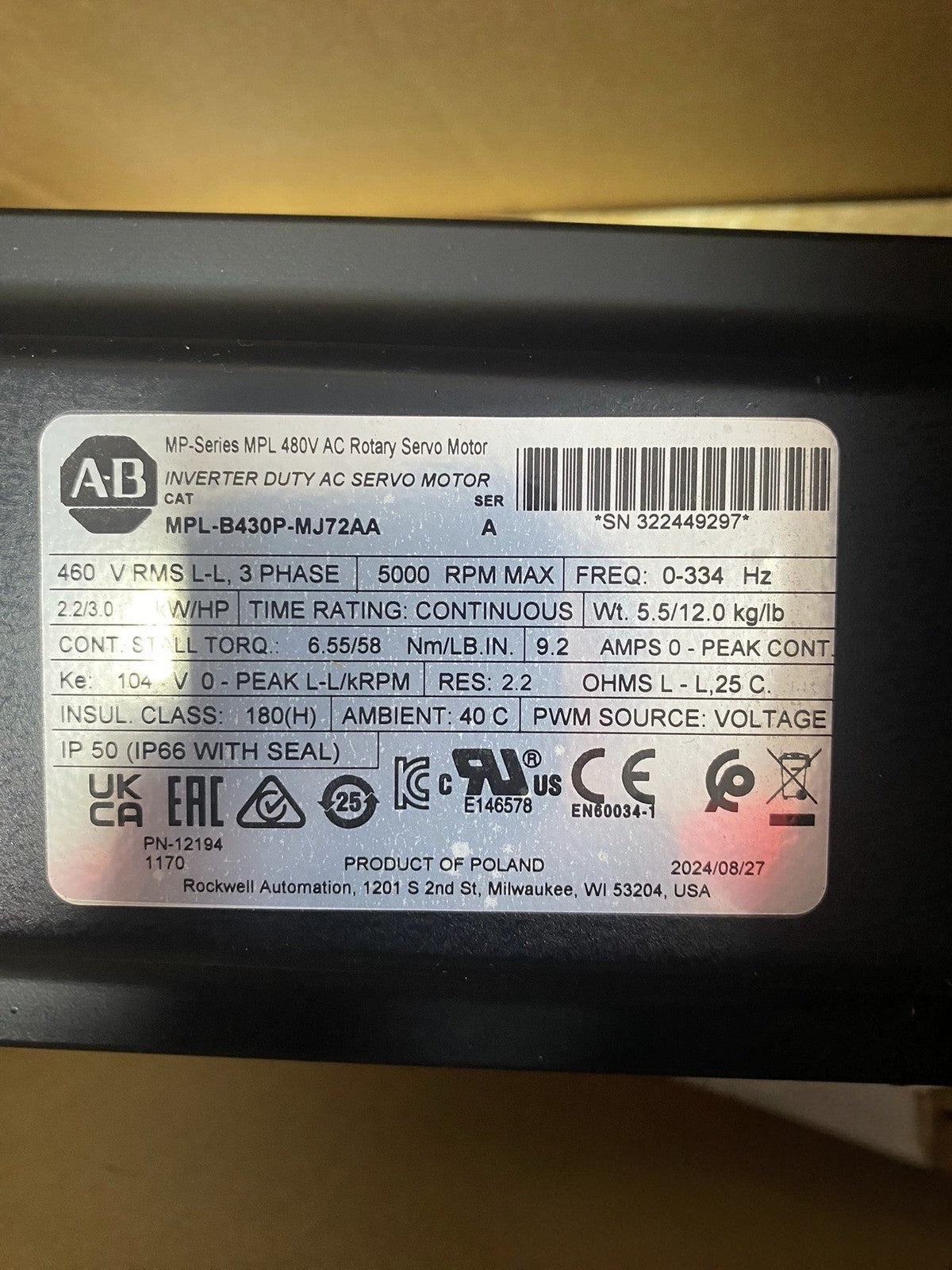 Allen Bradley MPL-B430P-MJ72AA 480V AC Servo Motor