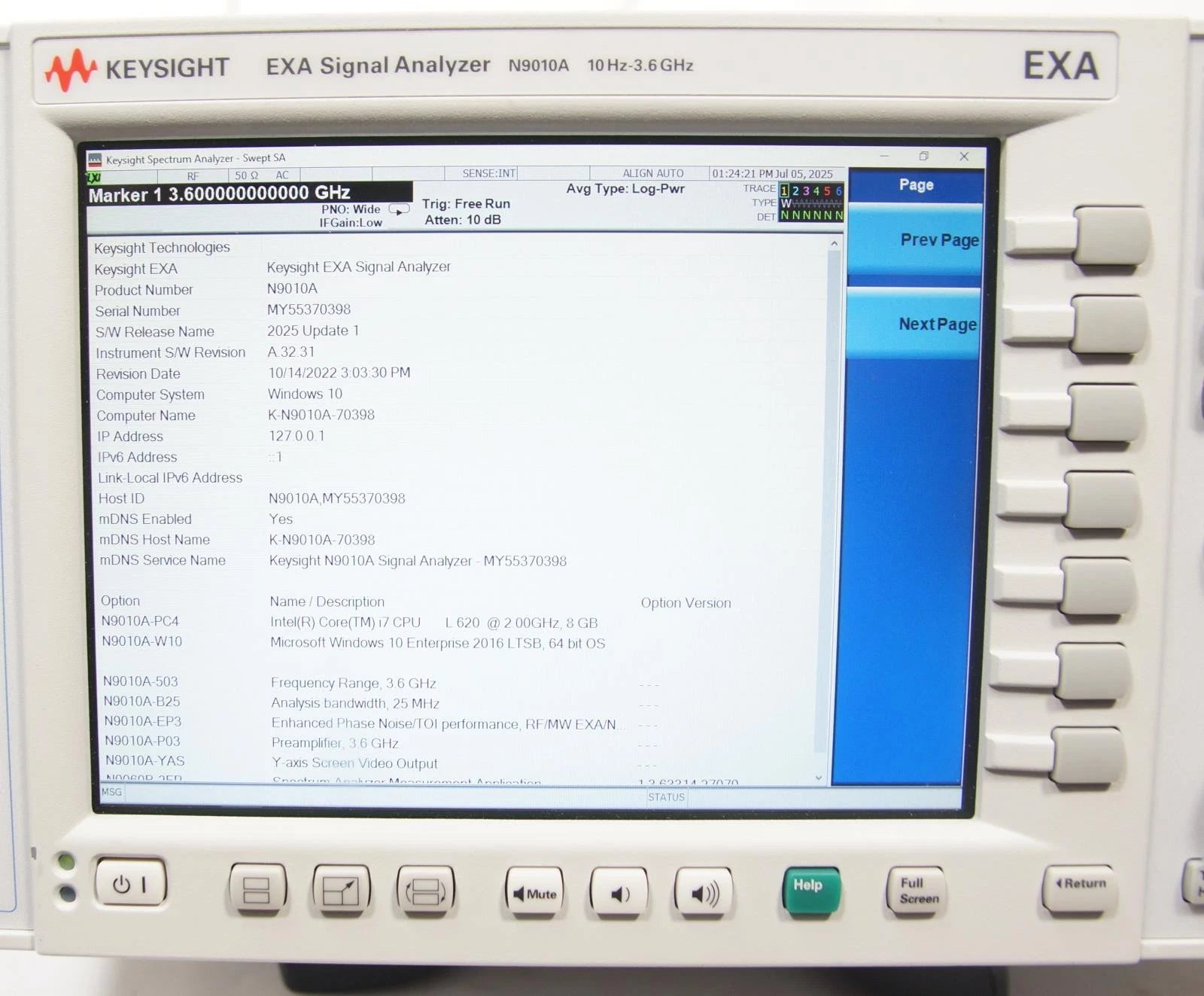 Agilent N9010A 3.6GHz EXA Signal Analyzer w Options 503 B25 EP3 P03 YAS 2FP
