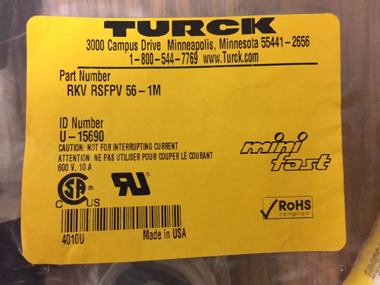 Turck RKV RSFPV 56-1M ID U15690 Mini Fast Cordset 1 Meter