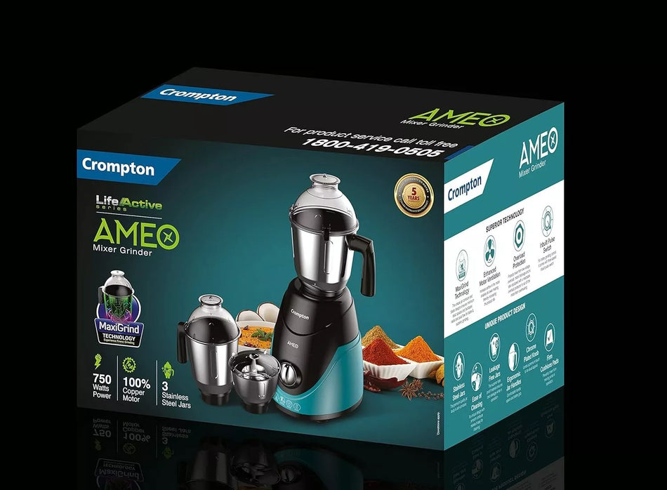 Crompton Ameo 750W Mixer Grinder Black & Green with 3 Steel Jars and 1 Juicer