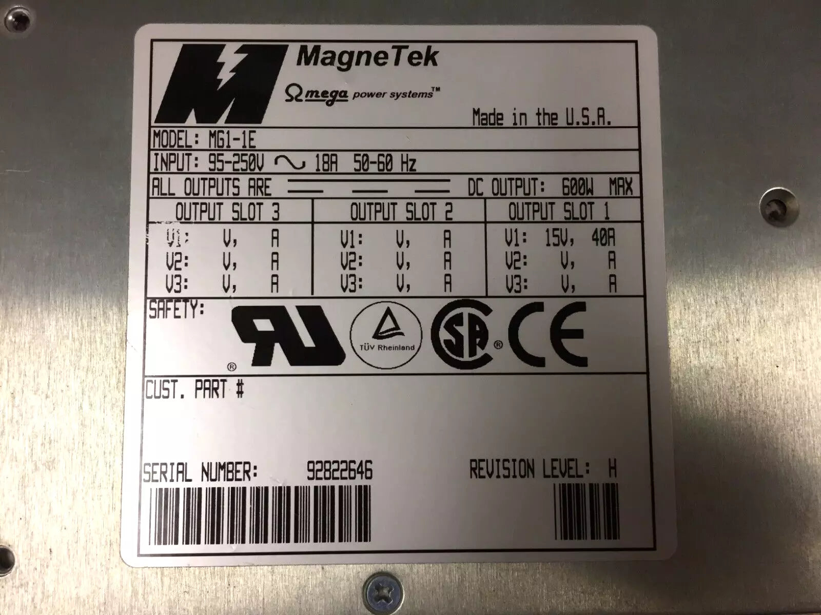 MagneTek MG1-1E Power Supply, AC Input 95-250V 18A 50-60 Hz