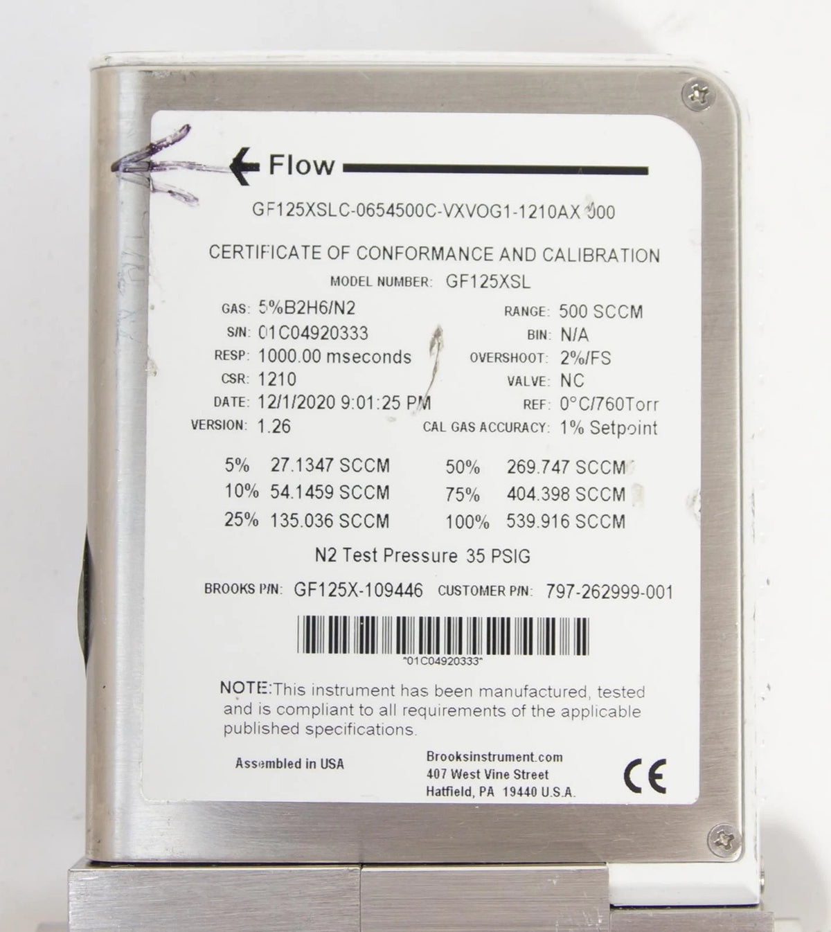 Brooks Instrument GF125XSLC N2 Gas GF Series Thermal Mass Flow Controller