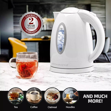 Ovente 1.7L BPA-Free Cordless Electric Kettle, Fast Boil, Auto Shut-Off, White