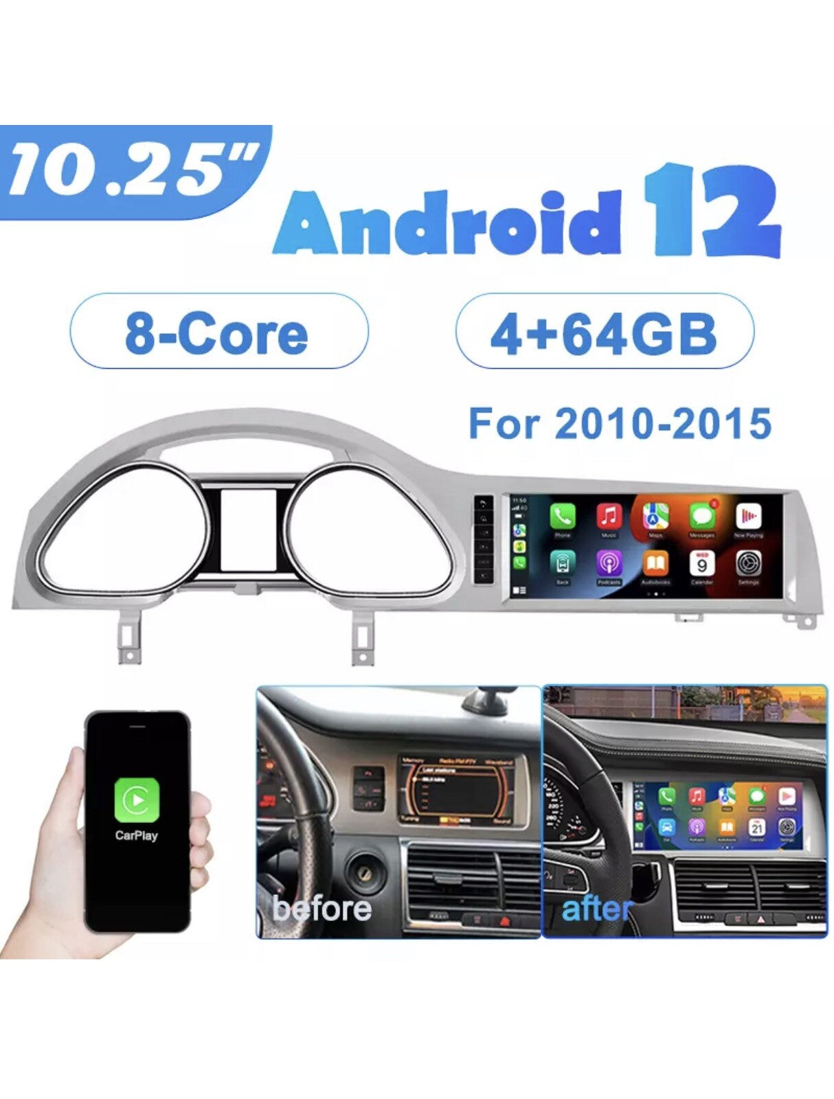For Audi Q7 2010-2015 Car Stereo Radio 10.25" Android 12 Carplay GPS WiFi 4+64G