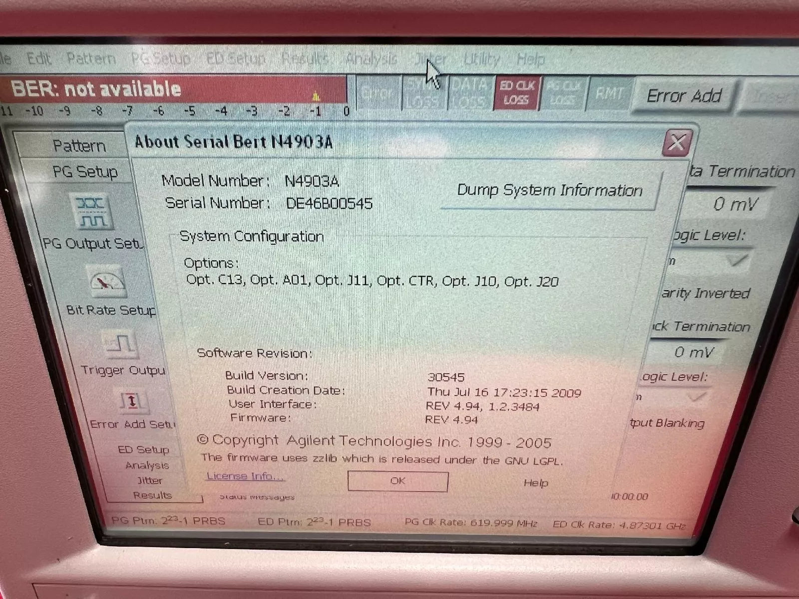 Agilent/Keysight N4903A Opt J20 Serial J-BERT 150 Mb/s to 12.5 Gb/s DE46B00545