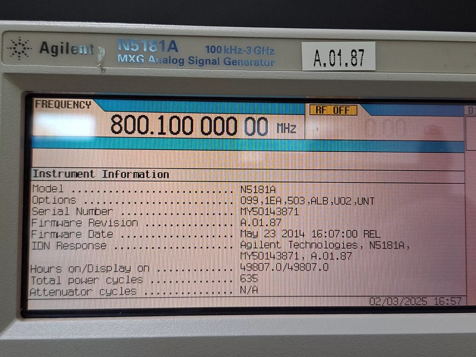 Agilent N5181A 3GHz Signal Generator with Options 099, 1EA, 503 UNT, ALB, U02 (3871)