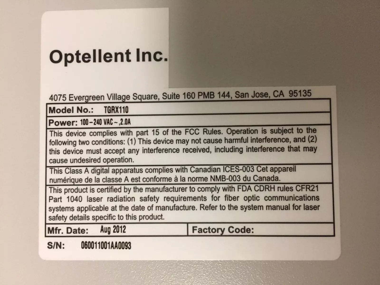 Optellent Model TGR-X110 Clock, Data, Trigger Recovery System
