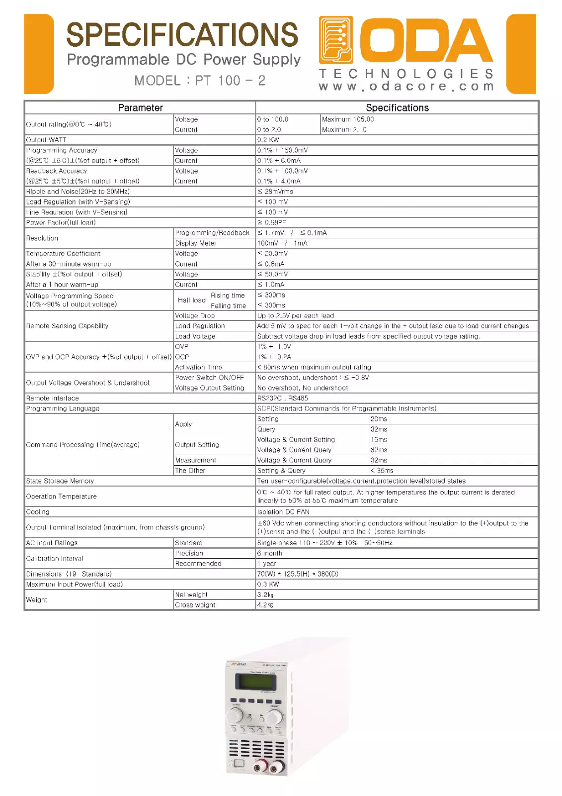 ODA PT100-2 Switching Type Programmable DC Power Supply 100V 2A 200W - XG eqpt